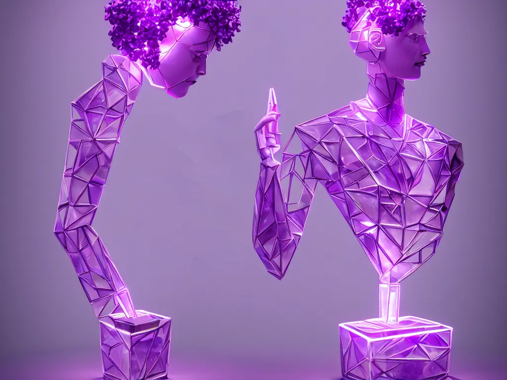 Image similar to beautiful mannequin sculpted out of amethyst by billelis + lit with geometric neon + iridescent geometric cubed bonsai plants!!!!, doorway opening with neon pink geometric light, clean linework, dramatic, finely detailed, rule of thirds, moody, award winning, 4 k, trending on artstation, photorealistic, volumetric lighting, octane render