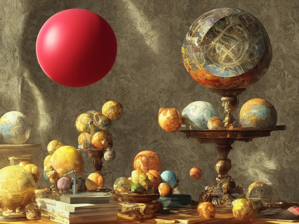 Image similar to 3 d render, sunlight study, the universe is a spheroid region 7 0 5 meters in diameter, art nouveau, by cornelis de heem and ( ( ( ( ( lisa frank ) ) ) ) ), 8 k, sharp focus, octane render