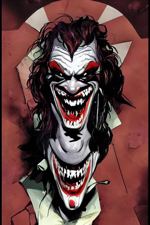Prompt: poker card design of dc comic villain the joker creepy menacing dangerous slit mouth smile by michael hussar, james jean, tomer hanuka, alphonse mucha