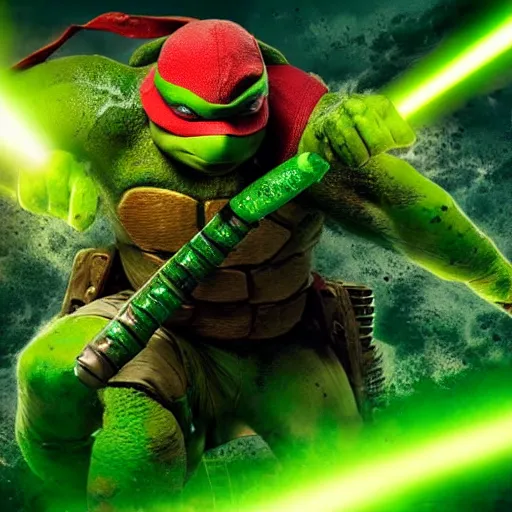 Prompt: teenage mutant ninja turtle, epic action movie still, hyper realistic award winning creature photography, epic volumetric lighting, glowing border of green radioactive Ooze dripping around frame, detailed face, golden ratio