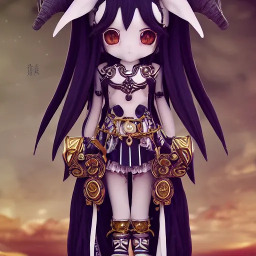 Image similar to cute fumo plush of a goat girl with horns, anime girl, tribal outfit with intricate celtic knot patterns, golden pauldrons, gothic maiden empress, black and white, stark shadows, artstation, vray