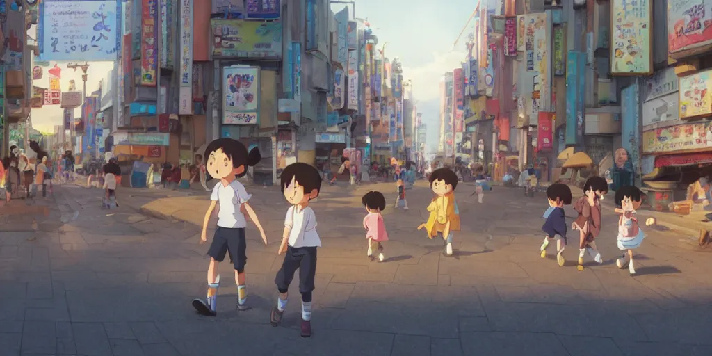 Prompt: a wholesome animation key shot of kids at Osaka city, medium shot, waist up, studio Ghibli, Pixar and Disney animation, sharp, very detailed, high resolution, Rendered in Unreal Engine 5, anime key art by Greg Rutkowski, Bloom, dramatic lighting