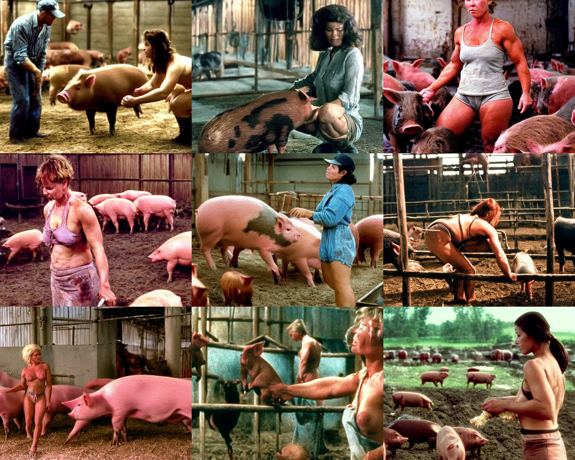 Prompt: color film still, a very muscular beautiful woman tending to pigs in a piggery. ; babe ( 1 9 9 5 )