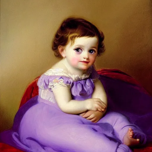 Image similar to portrait of a german toddler princess sitting down in a silk lavender gown, circa 1 8 3 7, by carl joseph begas, highly detailed, beautiful, oil on canvas, 1 8 3 0 s, romanticism