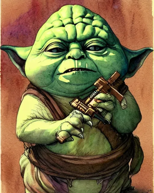 Image similar to a realistic and atmospheric watercolour fantasy character concept art portrait of a fat adorable dirty chibi yoda wearing a wife beater and holding a handgun, by rebecca guay, michael kaluta, charles vess and jean moebius giraud