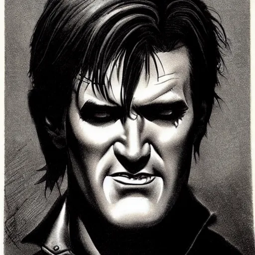 Prompt: beautiful portrait commission of a handsome bruce campbell casual clothes in a vintage gothic style. black hair. pale skin, black makeup. character design by Bruce Pennington, detailed, inked, western comic book art