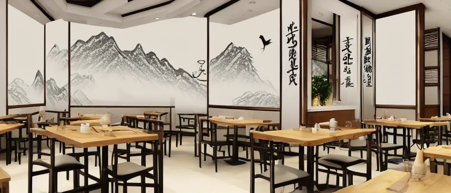 Image similar to a beautiful simple interior 4 k hd wallpaper illustration of small roasted string hotpot restaurant restaurant pagoda hill, wall corner, from china, wallpaper with tower mountains and white tile floor, rectangle white porcelain table, black chair, fine simple delicate structure, chinese style, simple style structure decoration design, victo ngai, 4 k hd