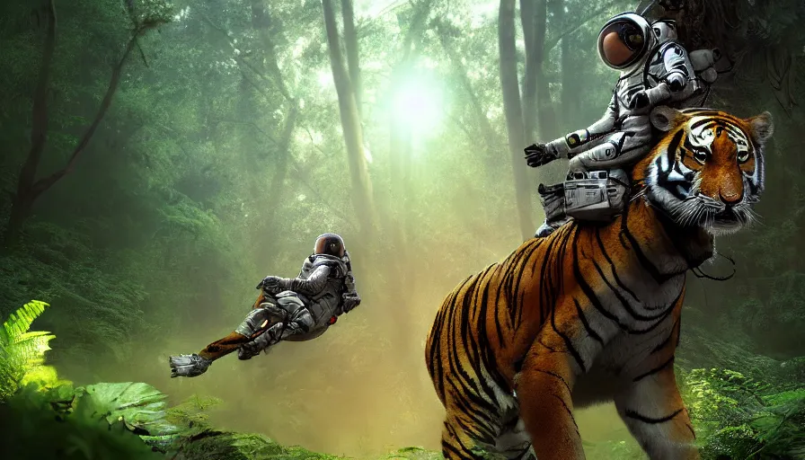 Image similar to american astronaut in the forest riding a tiger, plants environment, wide angle, cinematic lighting, atmospheric, ultrarealistic, trending on artstation, cgsociety, highly detailed, color graded, in the style of craig mullins, rendered in Unreal Engine 4k HQ, shadow of the tomb rider