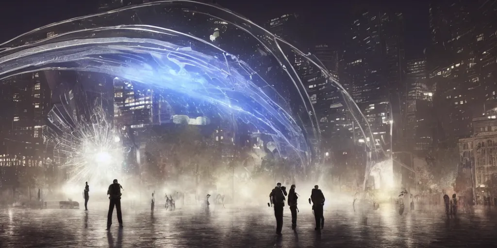 Image similar to policemen protecting a huge spiral - shaped bright white luminous attractor right in the center of the city from protesting people,, rain and light fog, professional lighting, concept art in 3 d, high detail, professional lighting, unreal engine