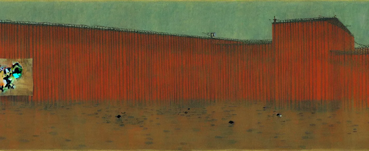 Image similar to a chinese prison near a river by peter doig, muted colors