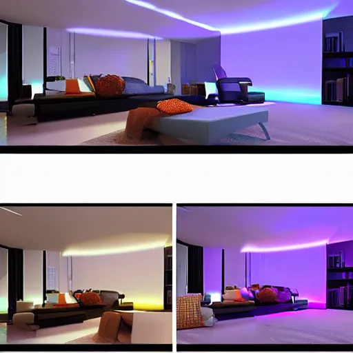Image similar to govee led strip lighting in room, scene, colourful, 8 k, unreal engine, realistic, house and home,