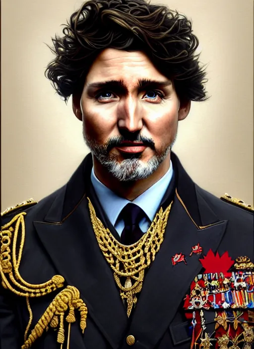 Image similar to portrait of supreme leader justin trudeau, royalty, extravagant, lord, full body, military uniform, fantasy, intricate, elegant, beautiful, highly detailed, charcoal, centered, dark, smokey, digital painting, artstation, concept art, art by artgerm and greg rutkowski and alphonse mucha