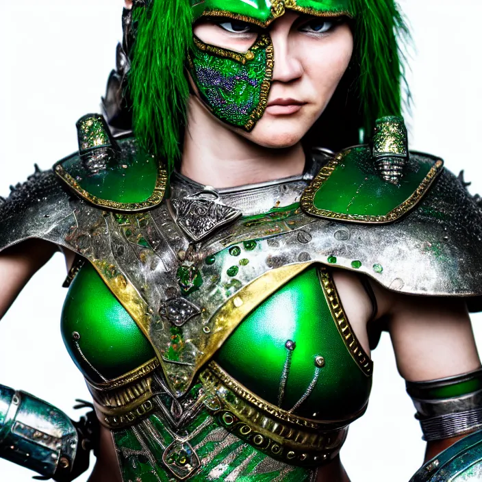 Image similar to photograph of a real-life beautiful! female warrior with emerald encrusted armour. Extremely detailed. 8k