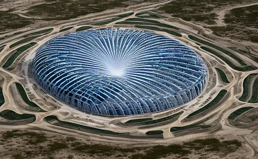 Image similar to parametric structure, medical complex, in the desert beside the gulf, view from above, design by denis villeneuve, dezeen, architectural photography