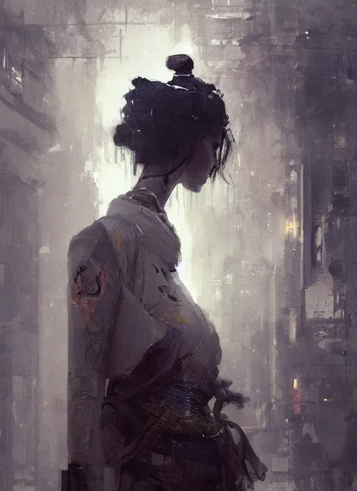 Image similar to geisha robot, rule of thirds, intricate outfit, spotlight, by greg rutkowski, by jeremy mann, digital painting