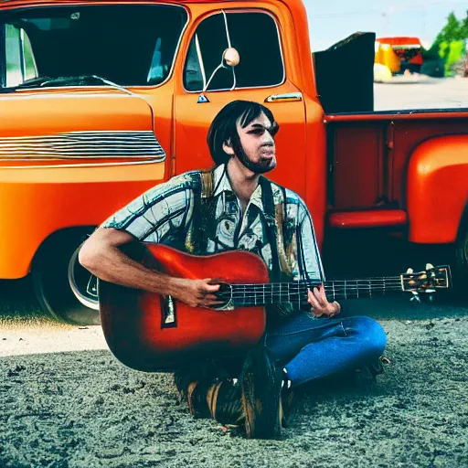 Image similar to A folkpunk brown hound dog playing the guitar in front of a pickup truck