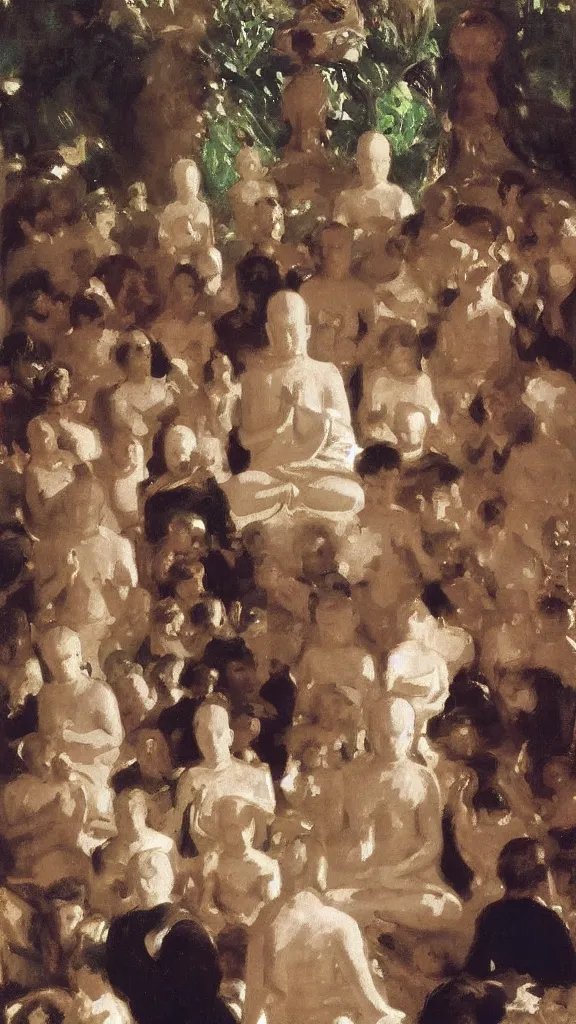 Image similar to a budda rabbit statue between crowd of people prayers in a botanical room by john singer sargent