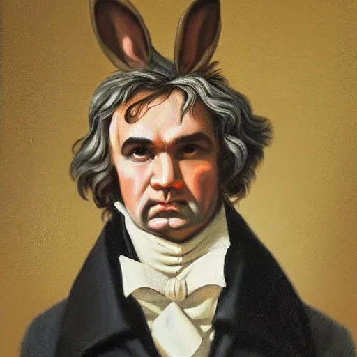 Prompt: a rabbit dressed as beethoven, realistic oil painting,