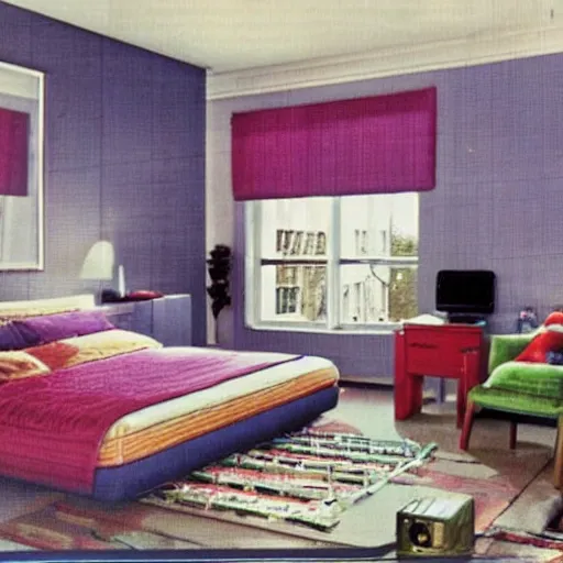 Prompt: a bedroom with a Commodore 64. 1983.