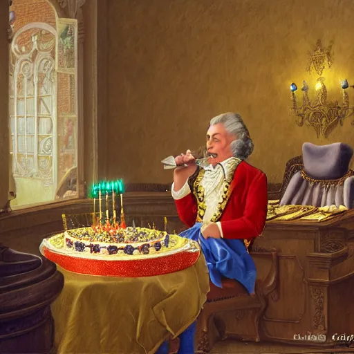 Image similar to lawyer eating a big birthday cake in a courtroom, realistic, regal, refined, detailed digital art, michael cheval, walt disney ( 1 9 3 7 ), francois boucher, oil painting, steampunk, highly detailed, cinematic lighting, unreal engine, 8 k