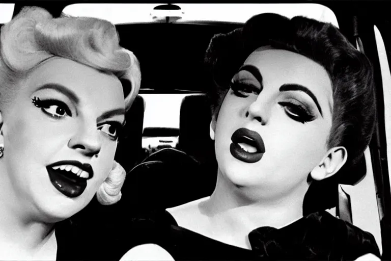 Prompt: judy garland and lady gaga in carpool karaoke, highly realistic, highly detailed, high resolution, 8 k 4 k,