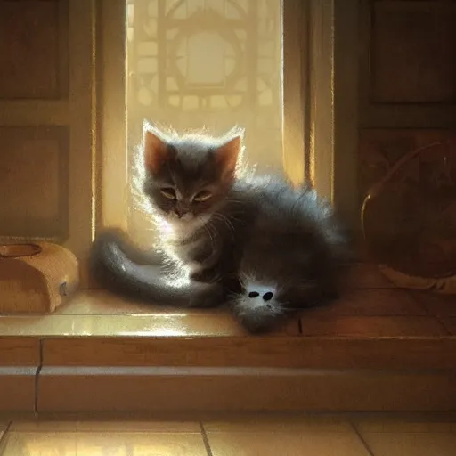 Prompt: A cute kitten sleeping nearby the fireplace, gorgeous, beautiful, intricate, highly detailed, digital painting, artstation, cinematic lighting, concept art, sharp focus, illustration, art by greg rutkowski and alphonse mucha