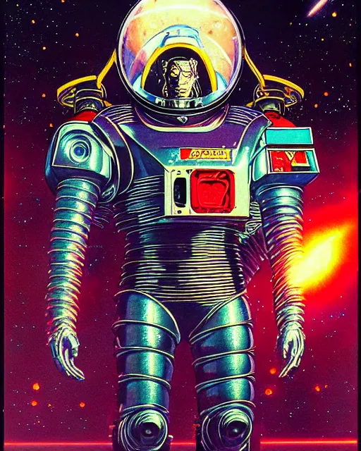 Image similar to tekkaman space knight, character portrait, portrait, close up, concept art, intricate details, highly detailed, vintage sci - fi poster, in the style of chris foss, rodger dean, moebius, michael whelan, and gustave dore