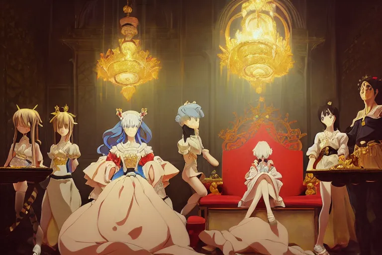 Image similar to baroque oil painting of key visual concept art of anime maid ruling as queen from extravagant throne room, brutalist, dark fantasy, rule of thirds golden ratio, fake detail, trending pixiv fanbox, acrylic palette knife, style of makoto shinkai studio ghibli genshin impact james gilleard greg rutkowski chiho aoshima