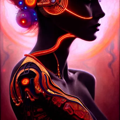 Image similar to extremely psychedelic beautiful cyborg queen of lsd infected by night. intricate, elegant, highly detailed, extremely lifelike photorealistic digital painting, artstation. steichen, gaston bussiere, tom bagshaw, cyberpunk alphonse mucha. elegant minimalism. anatomically correct. sultry. sharp focus. black, red accents. surreal lush hallucination