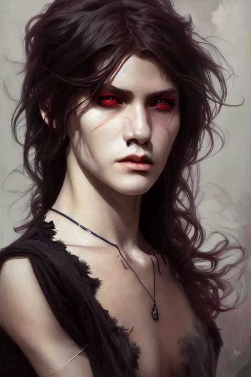 Image similar to photorealistic portrait of a young butch vampire woman, handsome, female, masculine, upper body, fantasy, fierce, sharp features, intricate, elegant, highly detailed, digital painting, artstation, concept art, matte, sharp focus, illustration, art by artgerm and greg rutkowski and alphonse mucha