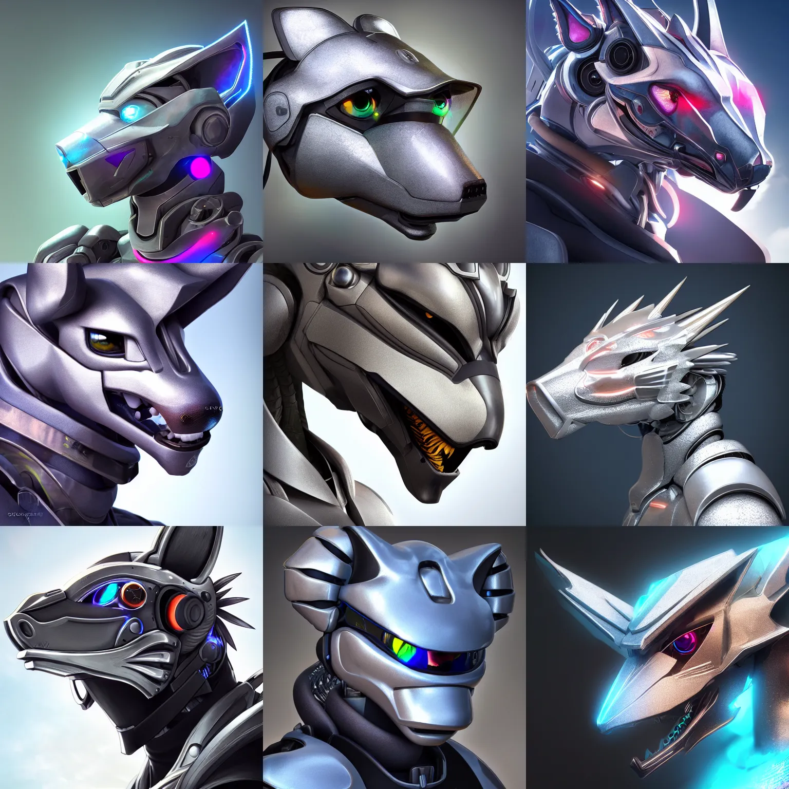 Prompt: very very beautiful furry art, bust profile picture of a robotic anthro silver dragon, visor screen for face, snout under visor, commission on furaffinity, cgsociety, octane render, vibrant colors