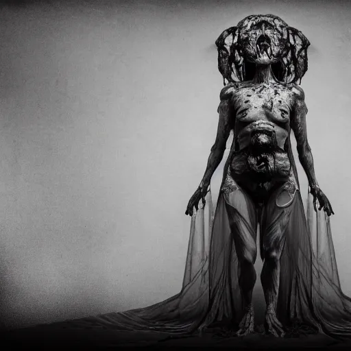 Prompt: godess woman with translucent material, waxy, skin, grotesque, organic, stands on epic stage, eeri, post apocaliptic, desaturated, 8K matte, bad gray and blue lighting, biomechanical landscape, epic scene by Emil Melmoth by Adrian Smith