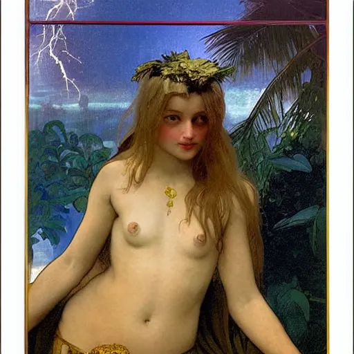 Image similar to Demon Girl at the palace, refracted sparkles, thunderstorm, greek pool, beach and Tropical vegetation on the background major arcana sky, by paul delaroche, alphonse mucha and arnold böcklin, hyperrealistic 8k, award-winning, very very very detailed