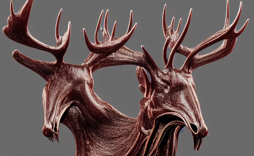 Image similar to stylized shiny polished silver statue full body bizarre cosmic horror quadruped animal moose deer skull four legs made of slug creature tendrils, perfect symmetrical body, perfect symmetrical face, hyper realistic, hyper detailed, by johannen voss, by michelangelo, octane render, blender, 8 k, displayed in pure white studio room anatomical deep red arteries veins flesh