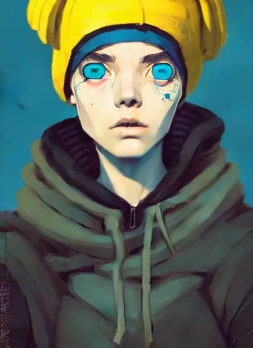 Prompt: highly detailed portrait of a sewer punk lady student, blue eyes, tartan hoody, hat, white hair by atey ghailan, by greg tocchini, by james gilleard, gradient yellow, black, brown and cyan color scheme, grunge aesthetic!!! ( ( graffiti tag wall ) )