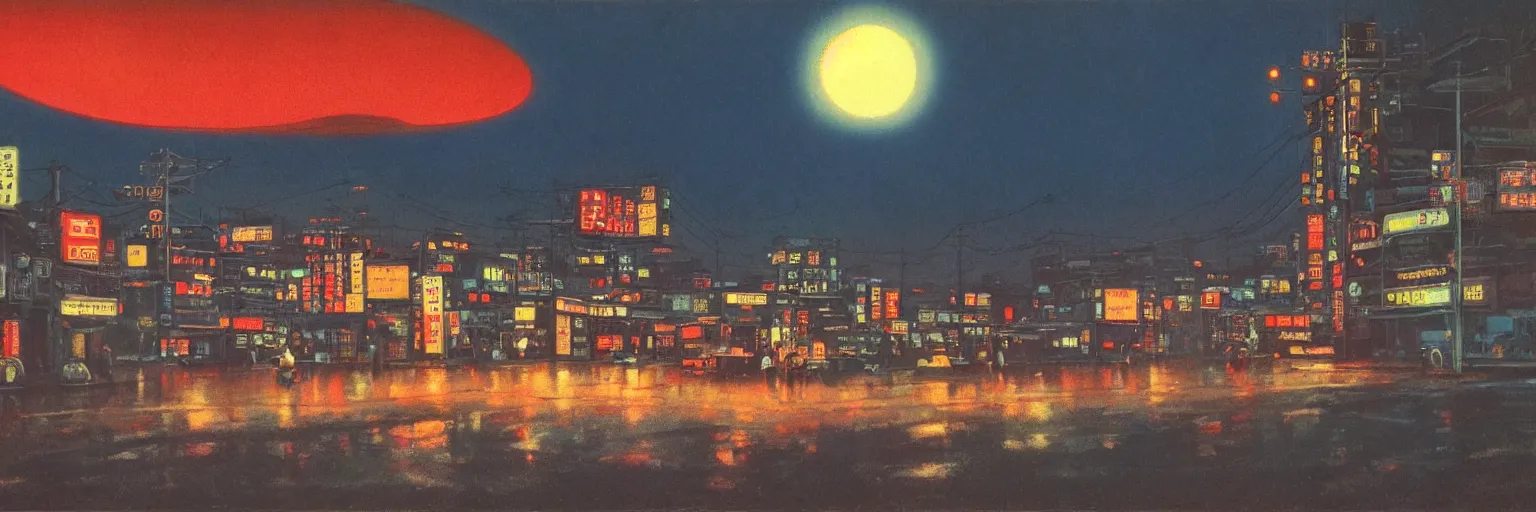 Image similar to awe-inspiring bruce pennington landscape digital art painting of 1960s Japan at night, 4k, matte