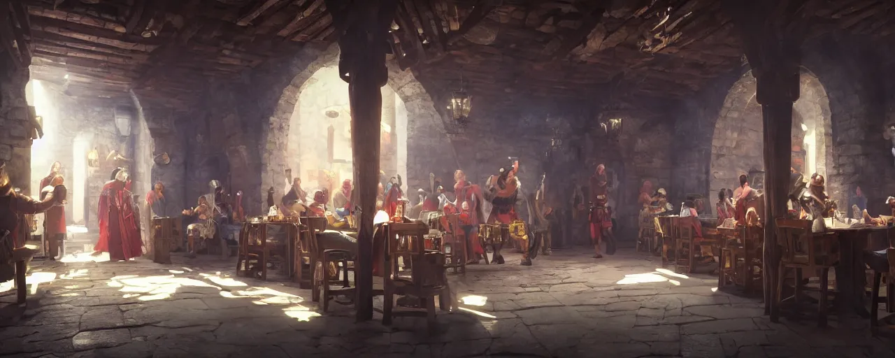 Prompt: inside of a medieval era tavern with dancers, vaporwave aesthetics, 8 k uhd, unreal engine, octane render in the artstyle of finnian macmanus, john park and greg rutkowski