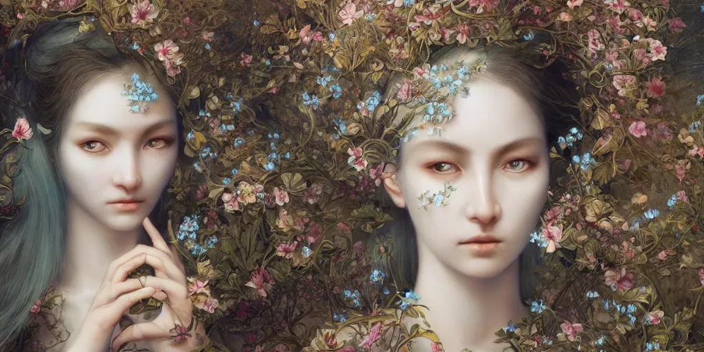 Prompt: breathtaking detailed concept art painting portrait of the goddess of nemophila flowers, orthodox saint, with anxious piercing eyes, ornate background, amalgamation of leaves and flowers, by hsiao - ron cheng, extremely moody lighting, 8 k