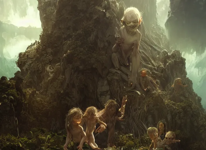 Image similar to a dramatic highly detailed render of Gollum family , Middle-earth , by WLOP and Artgerm and Greg Rutkowski and Alphonse Mucha, Beautiful dynamic dramatic dark moody lighting, shadows, cinematic atmosphere, Artstation, concept design art, Octane render, 8K, masterpiece, sharp focus, hyperrealistic