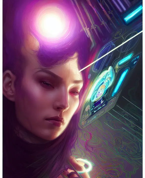 Image similar to a whirlwind of souls rushing inside the metaverse, hologram, half body, neurochip, shaved temple, piercing, jewelry, android, cyborg, cyberpunk face, by loish, d & d, fantasy, intricate, elegant, highly detailed, colorful, digital painting, artstation, concept art, art by artgerm and greg rutkowski and alphonse mucha