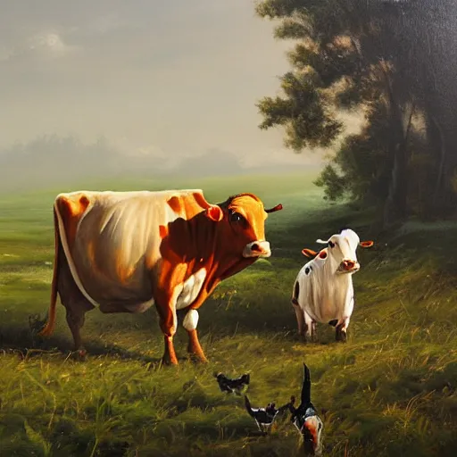 Image similar to a ufo stealing cows, painting