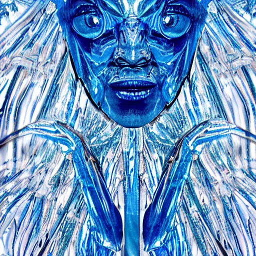 Image similar to blue crystal exploding, 4k (blue)!!, double exposures on 35mm film!, scissor people, scalier skin for moisture retention, x-chromosome pair of steel scissors joined in the center, adapted to a drier climate, Genetic isolation with different environmental pressures yields a variant of yautja by michael vincent, alien anatomyArt by Joel peter Witkin, art by hr Geiger, art by Brom, art by Todd McFarlane, 8k concept art, low poly, cinematic, horror, monsters, fur, shadows, full color, best practice, creature, cinematographic, cinematic, hyper realistic, detailed, 8k, octane render.