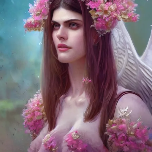 Image similar to alexandra daddario expressive full body photo, of beautiful angel, smooth glowing skin, ornate headpiece made from pink flowers, glamour shot, by yoshitaka amano, by greg rutkowski, by jeremyg lipkinng, by artgerm, digital art, octane render