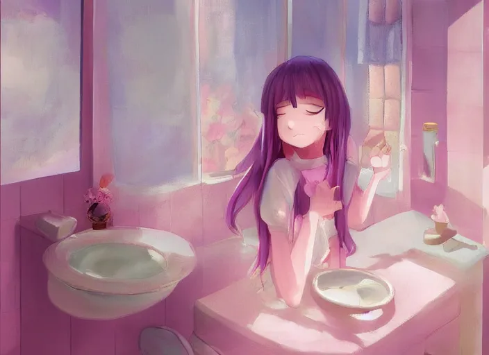 Image similar to placid pastel morning cute cluttered painterly fluffy tiny cramped bathroom trending on pixiv