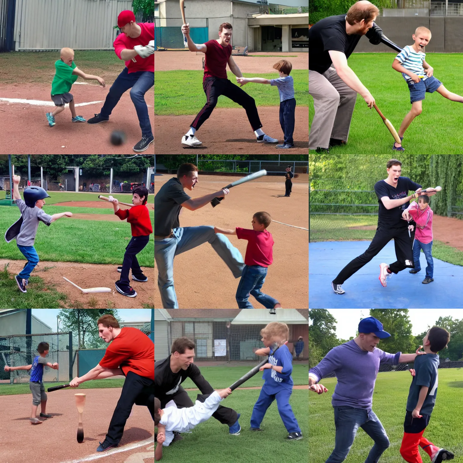 Prompt: jerma kicking a kid with a baseball bat