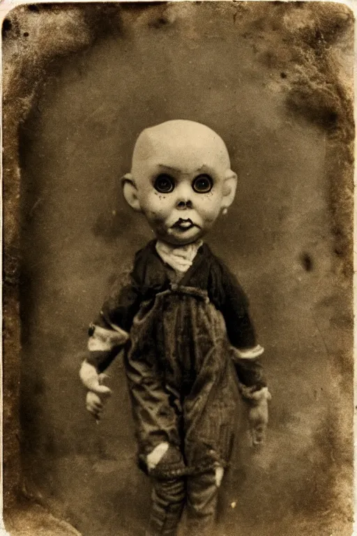 Image similar to dirty cracked crying vintage evil bald doll no mouth sitting in dirt basement cobwebs tintype photo