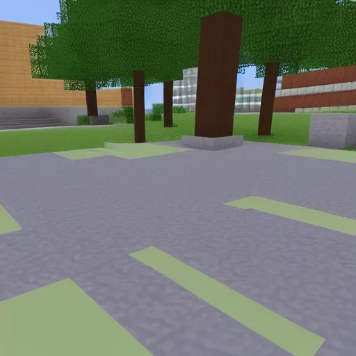 Prompt: college campus sidewalk with a rectangular and new college building in the background,, ( ( minecraft ) ) style, shaders