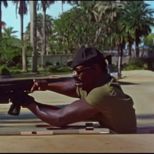 Image similar to a still of the cat shooting a m 6 0 machine gun from the buddy cop movie beverly hills cat 2, with eddie murphy