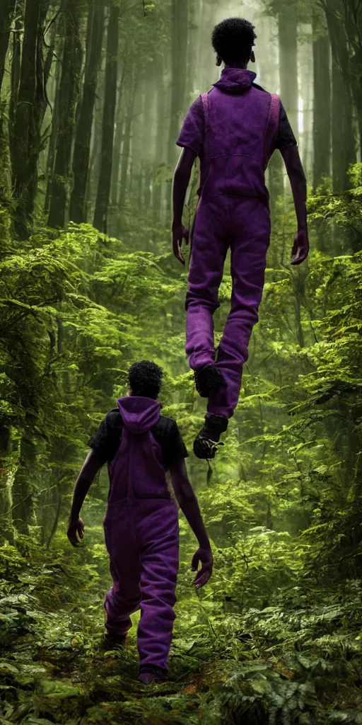 Prompt: black boy with purple afro and orange overalls, walking in a forrest, moody , lovecraft, giger, ridley scott, zack snyder, Fenghua Zhong, realistic cinematic lighting, establishing action shot, ultra detailed, hyper realism, photo, octane render