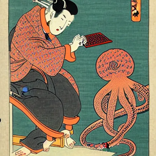 Prompt: an octopus teaching a man to use a computer, ukiyo-e by Utagawa Kuniyoshi